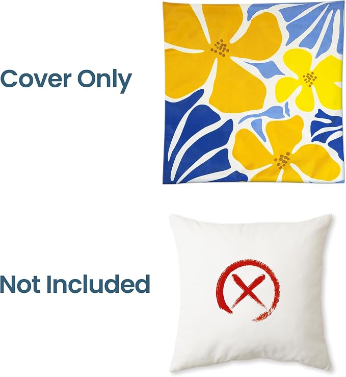 Outdoor Pillow Covers 18x18 Inch, Water-Resistant Decorative Pillow Covers Pack of 2, Floral Throw Pillow Case for Patio Furniture Tent Garden, Yellow Blue Floral, Cover ONLY