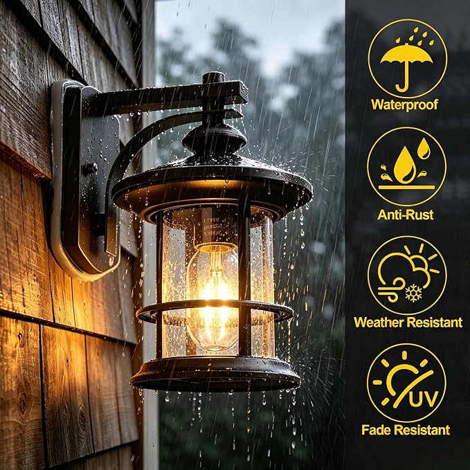 MICSIU 100W Max Vintage Farmhouse Oil Rubbed Bronze Outdoor Wall Light | 10 Inch Metal Exterior Sconce 1 Pack, Clear Seedy Glass Outsize Porch Light for Entryway, Garage, Bathroom