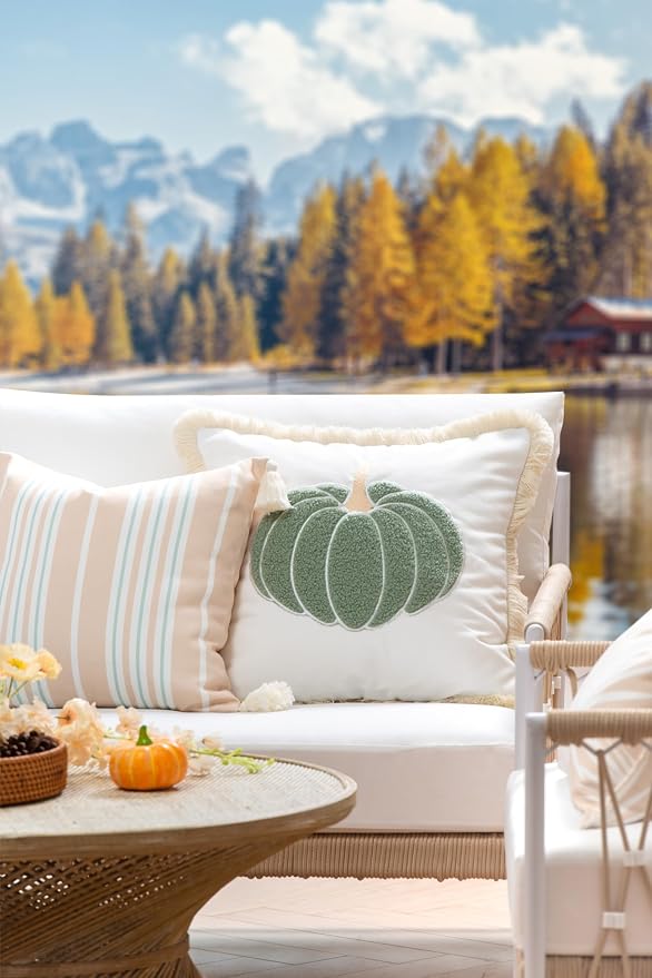 Hofdeco Premium Fall Coastal Patio Indoor Outdoor Pillow Cover Only, 20"x20" Water Repellent for Backyard, Couch, Muted Aqua Neutral Tan Embroidered Pumpkin with Fringed Trim