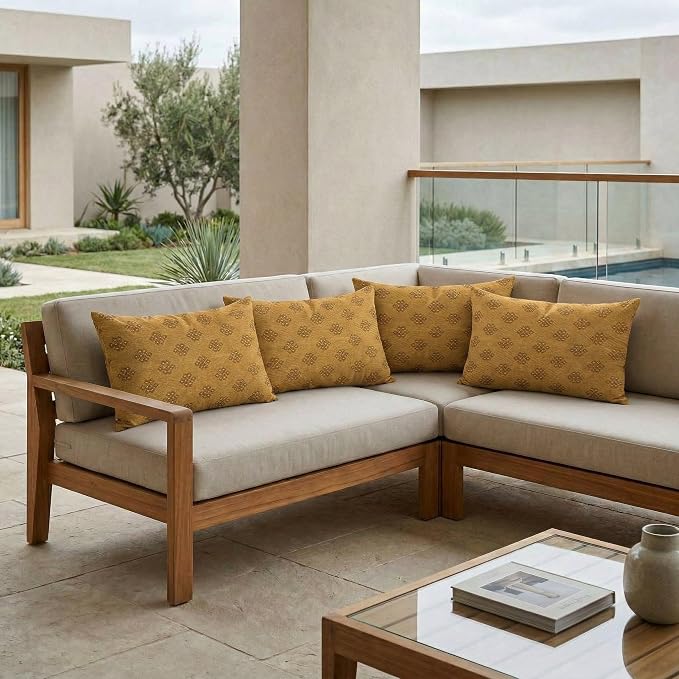 RSH DECOR: Sunbrella Lumbar Throw Pillows Set of 4 | 20" x 12" | Water and Fade-Resistant Performance Fabric | Outdoor Pillow Covers with Down-Alternative Inserts | Made in USA (Trinket Teak)