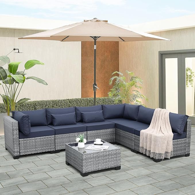 Valita 7 Pieces Outdoor Wicker Furniture Conversation Set Patio Sectional Sofa Set Glass Table with Non-Slip Cushions Furniture Cover, Dark Blue