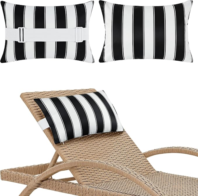 Outdoor Lounge Chair Headrest Pillow 16x11 Inch, Black Striped Waterproof Lumbar Pillows with Insert Adjustable Elastic Strap, Neck Attachment for Recliner Patio Beach Pool Office, 2 Pack
