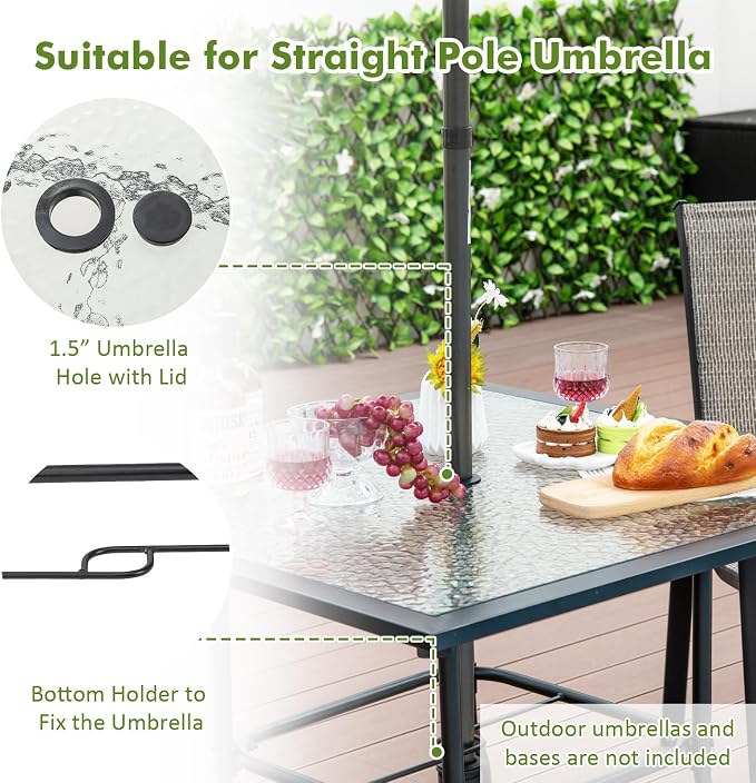 Tangkula 35 Inch Patio Dining Table with Tempered Glass Top, Square 4-Person Outdoor Bistro Table with 1.5" Umbrella Hole & Sturdy Metal Frame, Patio Dining Table for Backyard, Lawn, Deck & Poolside