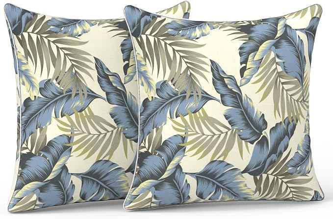 LVTXIII Set of 2 Patio Throw Pillows Waterproof 20"x20" Fade Resistant Outdoor Throw Pillows with Inserts, Fluffy Decorative Garden Toss Pillow Cushions for Home Patio Coach Sofa Use, ‌Lush Palm Blue