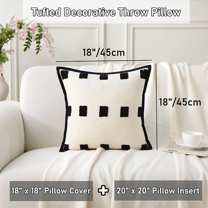Decorative Throw Pillows with Inserts 2 Pack 18" x 18" Boho Soft Tufted Modern Chenille Pillow for Home, Patio, Couch, Bedroom, Living Room (Black =)