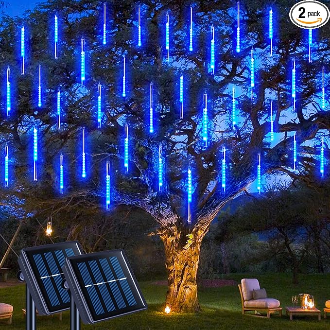 JMEXSUSS 2 Pack Blue Solar Meteor Shower Lights Outdoor Christmas Lights | Meteor Falling Rain Lights Cascading String Lights Waterproof for Tree Garden Party Christmas Decor, Total 16 Tubes 288 LED