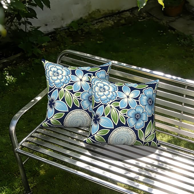 Outdoor Pillows with Insert 18x18 Inch, Waterproof Throw Pillow for Patio Furniture, Decorative Back Cushion for Garden Home Sofa Office Chair, Set of 2, Azure Botanical Symphony