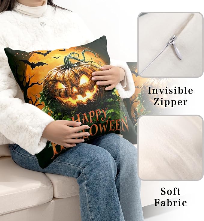 Happy Halloween Pillow Covers Moon Bat Pillow Cases Spooky Pumpkin Throw Pillow Covers 20x20 Set of 2 Jack-O'-Lantern Cotton Blend Cushion Cases for Home Farmhouse Sofa Couch