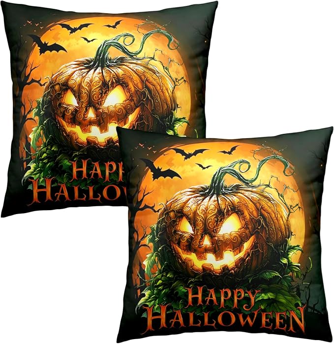 Halloween Throw Pillow Covers Scary Pumpkin Pillow Covers 22x22 Set of 2 Full Moon Bat Pillow Cases Jack-O'-Lantern Cushion Cases for Home Farmhouse Bedroom Living Room Sofa Couch