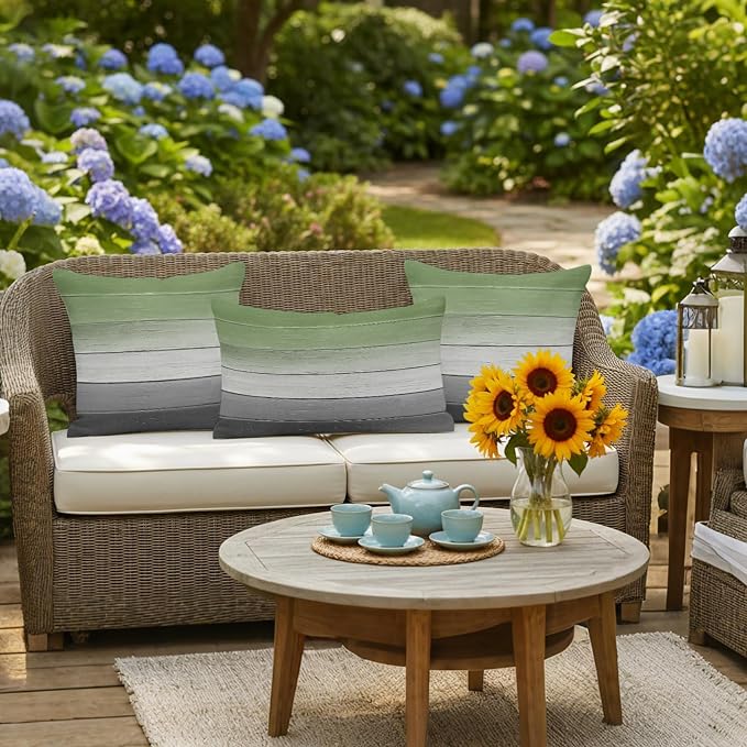 Sage Green Gray Outdoor Pillow Covers 24x24 Inch Throw Pillow Covers Set of 2 Waterproof Decorative Pillow Cases Vintage Country Ombre Chic Wooden Grain Cushion Covers for Patio Furniture Garden Couch