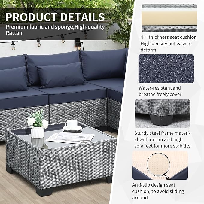 Valita 7 Pieces Outdoor Wicker Furniture Conversation Set Patio Sectional Sofa Set Glass Table with Non-Slip Cushions Furniture Cover, Dark Blue