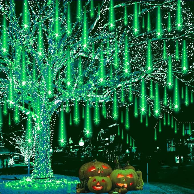 Weepong Halloween Lights Outdoor, Meteor Shower Christmas Lights for Halloween Decorations, 8 Tube 192 LED Snow Falling Rain Icicle String Light for Xmas Christmas Decor Tree Party, UL Plug Green
