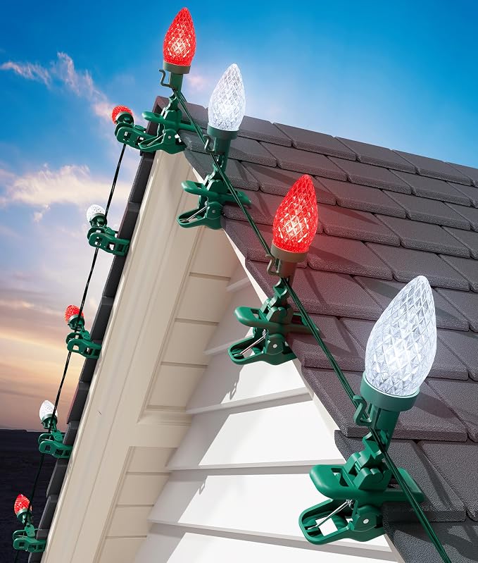 C9 Christmas Lights Outdoor, 102FT 150 LED String Lights with Spring Clips | Waterproof Connectable Commercial Grade Christmas Tree Lights for Outside Roofline Patio Yard Home Xmas Decor, Red|Pure White