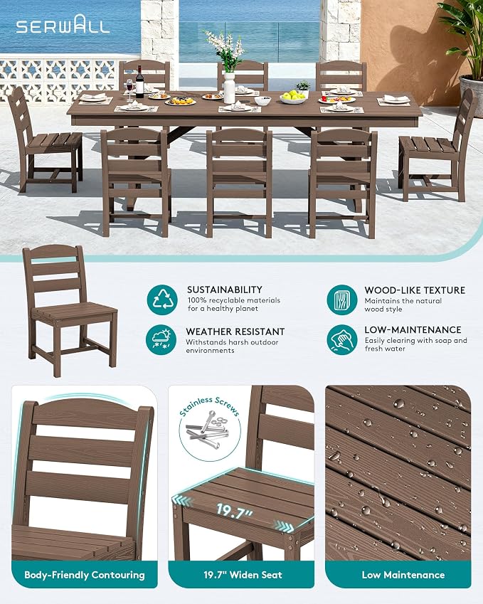 SERWALL 9 Piece Outdoor Dining Set, 84" HDPE Outdoor Table and Armless Chairs Set for 8，All Weather Patio Furniture Set with Umbrella Hole for Backyard, Garden, Brown