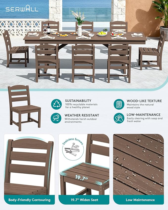 SERWALL Outdoor Armless Dining Chairs Set of 2, All-Weather HDPE Patio Chair with 19.7" Widened Seat, for Backyard, Garden, Brown