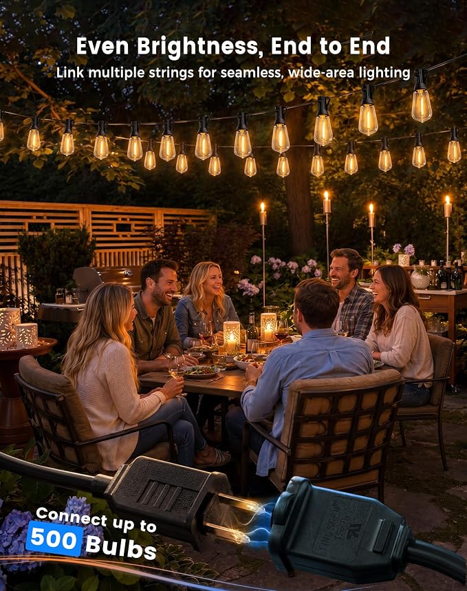 110FT(100+10) String Lights Outdoor, 2FT Bulb Spacing, Waterproof Shatterproof Warm White ST38 LED Edison Bulbs, Extension Cord, Plug in Connectable Hanging Patio Lights for Outside, Backyard