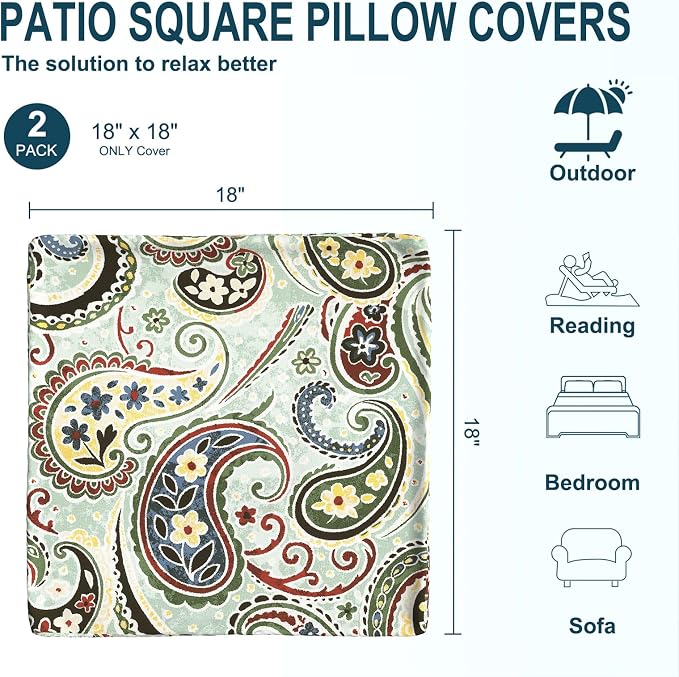 DYTXIII Pack of 2 Outdoor Waterproof Pillow Covers ONLY, 18"x18" Square Decorative Double Printed Throw Pillow Cases for Patio Couch Porch Furniture, Paisley Lightcyan