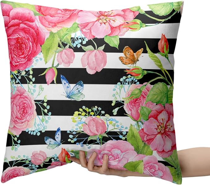 Spring Summer Pillow Covers 20x20 Set of 2 Rose Throw Pillow Covers Butterfly Flowers Pillow Case Black Stripes Cotton Blend Cushion Case for Home Decor Couch Sofa
