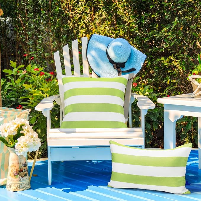 Lewondr Outdoor Throw Pillow Covers, Square Stripe Waterproof Throw Pillow Cases for Outdoor Patio Porch Farmhouse Garden Balcony Couch, 18"x18"(45x45cm)/12"x20"(30x50cm), Green + White