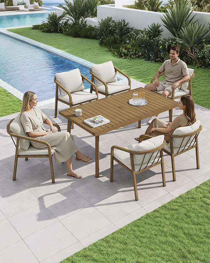 Outdoor Dining Chairs Set of 4, Never-Rust Aluminum Patio Dining Chairs with Removable Cushion, Ergonomic Patio Chairs with Wraparound Seating Design for Deck, Lawn, Commercial, Garden, Teak