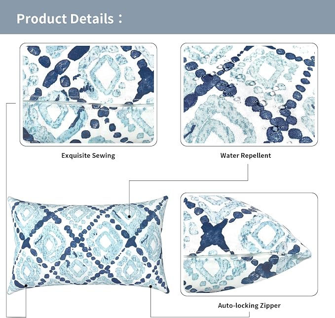 Outdoor Lumbar Pillow Covers 12”x20”, Rectangle Throw Pillow Covers for Patio Furniture, Decorative Lumbar Cushion Case for Garden Balcony Couch Office Chair, Pack of 2, Boho Geometry Blue