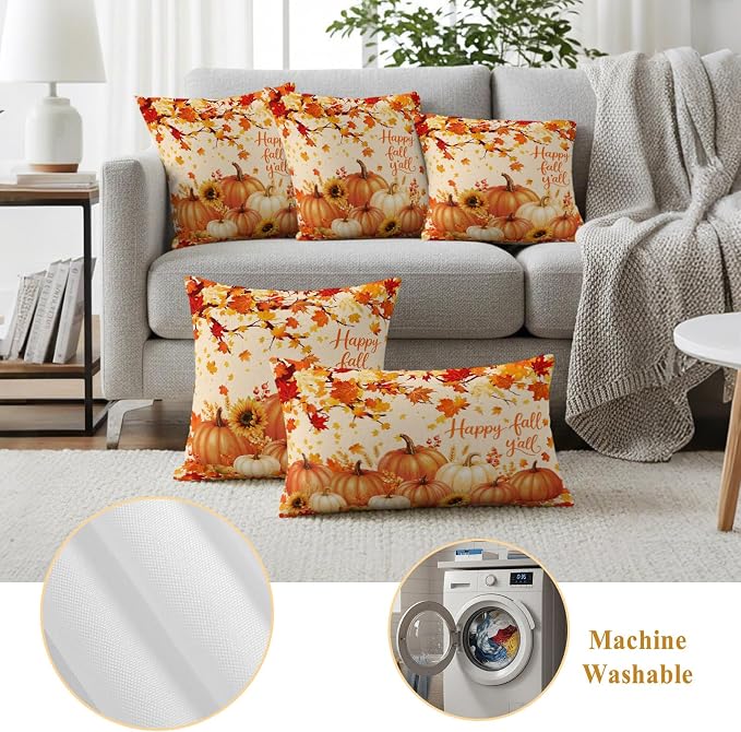 Orange Fall Waterproof Outdoor Pillow Covers 26''x26'' Set of 2, Maple Tree Branch Thanksgiving Pumpkin Patio Cushion Covers for Chairs,Decorative Countryside Leaves Pillow Cases for Garden/Pool/Beach