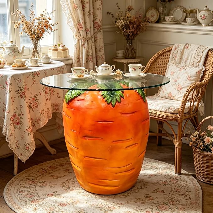 16" Carrot-Shaped Resin Side Table w/ Glass Top,Novelty Fruit Stool,Orange | Round End Table for Living Room Bedroom Patio, Weather-Resistant & Easy Clean, Fun Home Decor Accent