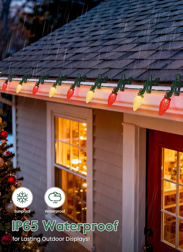 C9 Christmas Lights Outdoor, 102FT 150 LED String Lights with Spring Clips | Waterproof Connectable Commercial Grade Christmas Tree Lights for Outside Roofline Patio Yard Home Xmas Decor, Red|Warm White