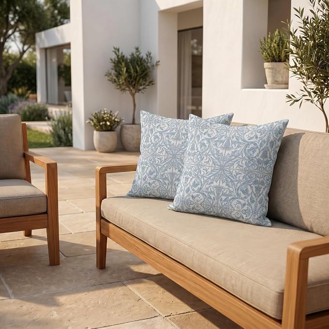 RSH DECOR: Sunbrella Square Throw Pillows Set of 2 | 20" x 20" | Water and Fade-Resistant Performance Fabric | Outdoor Pillow Covers with Down-Alternative Inserts | Made in USA (Provincial Azure)