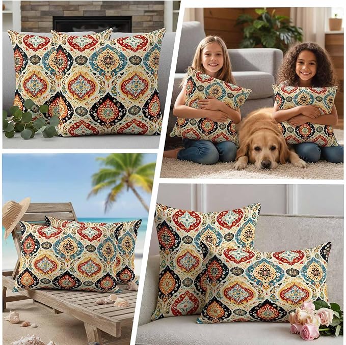 Bohemian Floral Outdoor Pillow Covers 16"x16" Set of 2, Abstract Moroccan Ethic Tribal Colored Floral Waterproof Throw Pillow Covers for Patio Furniture, Decorative Cushion Covers for Porch