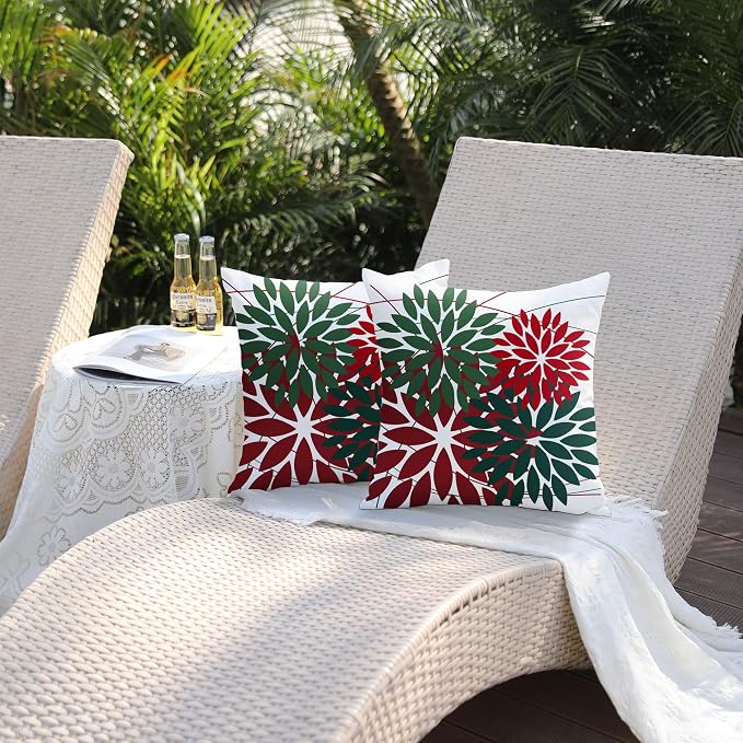 DFXSZ Pack of 2 Outdoor Waterproof Throw Pillow Covers 18x18 Red Green | Polyester Colorful Spring Summer Floral Decorative Cushion Cases(NO INSERT),For Couch Patio Funiture Garden Home Decor