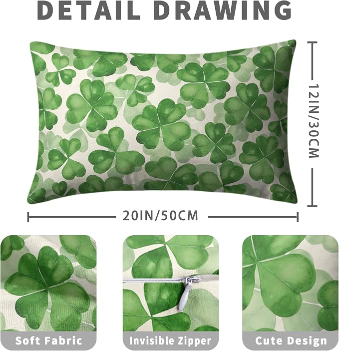 Saint Patricks Day Lumbar Pillow Covers 12x20 Green Clover Pillow Case Set of 2 Lucky Charm Throw Pillow Covers St Patricks Cotton Blend Cushion Case for Living Room Sofa Couch