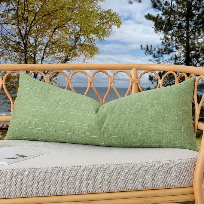 Kevin Textile Outdoor Waterproof 14”x36” Pillow Cover 1 Pack, Sage Green | Water Resistant, Soft Faux Linen-cotton Yarn-dyed Woven Texture Throw Pillow Covers for Tent Patio Garden Couch Sofa