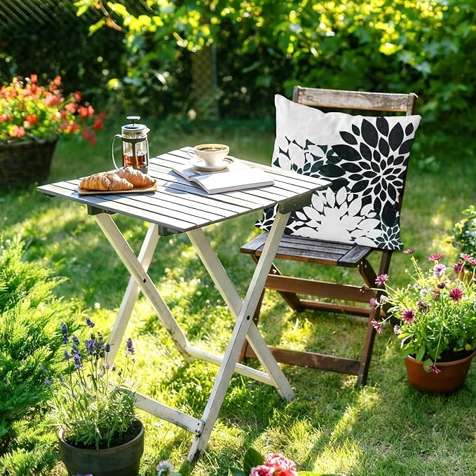 M METERXITY 2-Pack Pillow Cover 20x20 Linen, Black White | Water Resistant Floral Decor Slipcover, for Patio, Balcony, Garden, Outdoor Pillow Case
