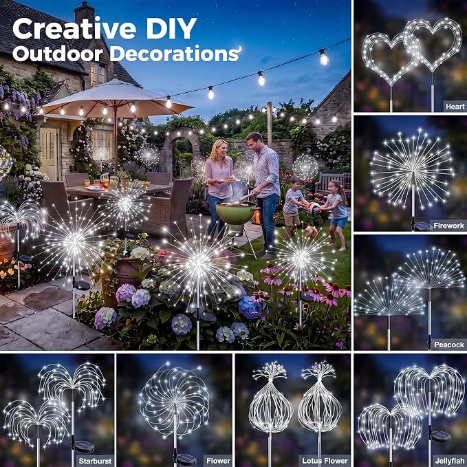 btfarm 2 Pack Solar Garden Lights Outdoor, 8 Modes Firework Lights Outside | 120LED, Waterproof Fairy Twinkle Light Solar Powered for Yard Christmas Pathway Lawn Pool Patio Decorative, Cool White
