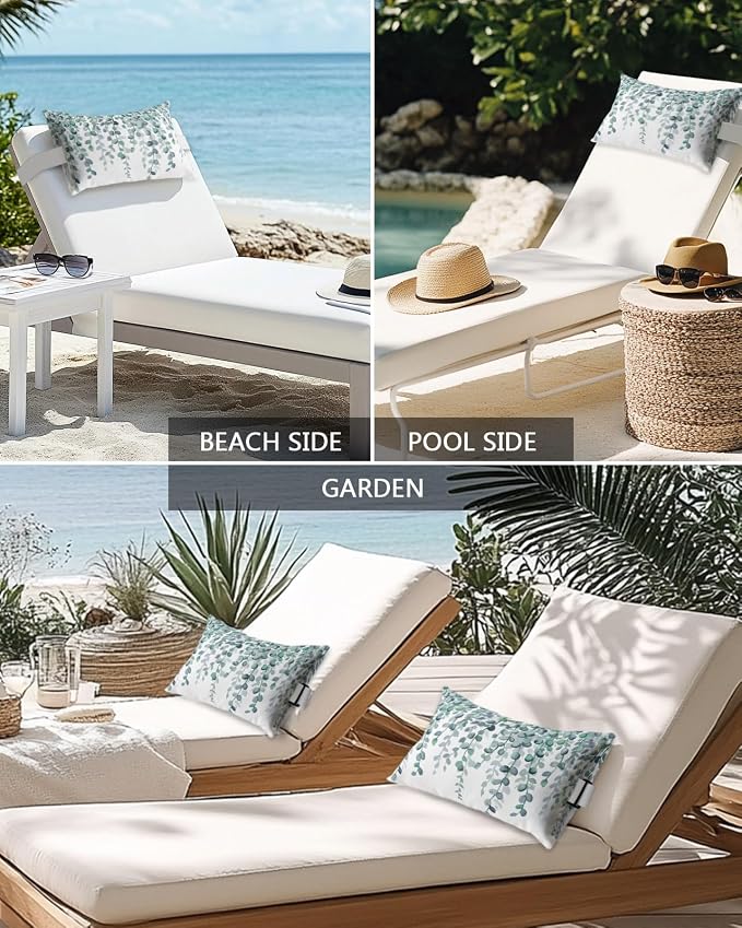 Outdoor Pillows Waterproof Covers Set of 2, Teal Green Eucalyptus Leaves Adjustable Elastic Chaise Lounge Headrest Pillow Covers, Watercolor Branches Lumbar Pillow for Beach Patio Furniture 11x16 Inch