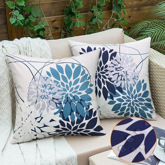 Pyonic Outdoor Throw Pillow Covers 18x18 Waterproof Pillow Covers Geometric Flower Pillow Case Farmhouse Summer Square Cushion Cover for Patio, Garden, Balcony,Set of 2 (18 x 18-Inch, Navy Blue)