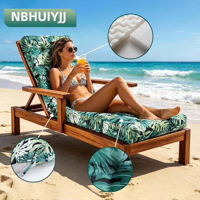 Patio Chaise Lounge Cushions, 70.5"x21"x4" Waterproof Replacement Beach Pool Lawn Outdoor Lounge Chair Cushion, Non-Slip Bottom & Secure Ties for Outdoor Furniture，Monstera, 1Count