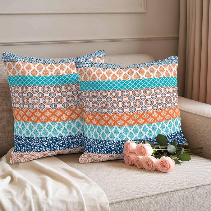 Geometric Bohemia Outdoor Pillow Covers Set of 2 Stripes Orange Turquoise and Blue Waterproof Throw Pillow Cover Decorative Cushion Cases for Patio Porch Garden 18X18 Inch