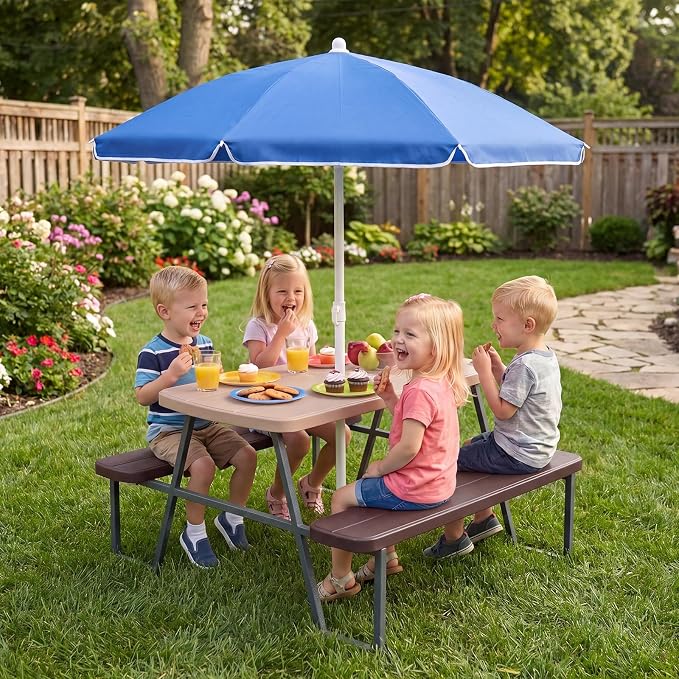 HONEY JOY Kids Picnic Table, 4 Person Toddler Outdoor Table and Chair Set, Built-in Benches, Removable Umbrella, Metal Frame & HDPE Top, Children Outdoor Furniture for Backyard Patio Garden (Coffee)