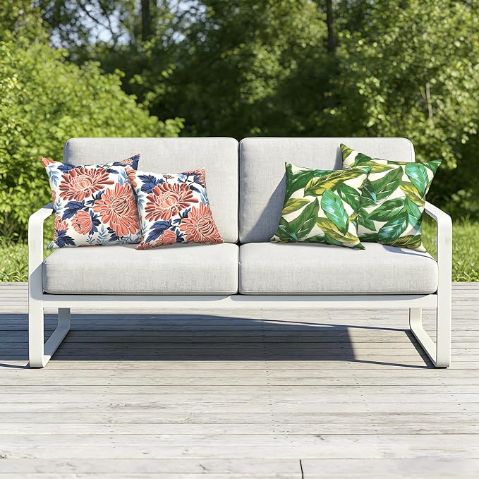 Outdoor Pillows with Insert 18x18 Inch, Waterproof Throw Pillow for Patio Furniture, Decorative Back Cushion for Garden Home Sofa Office Chair, Set of 2, Red Chrysanthemum
