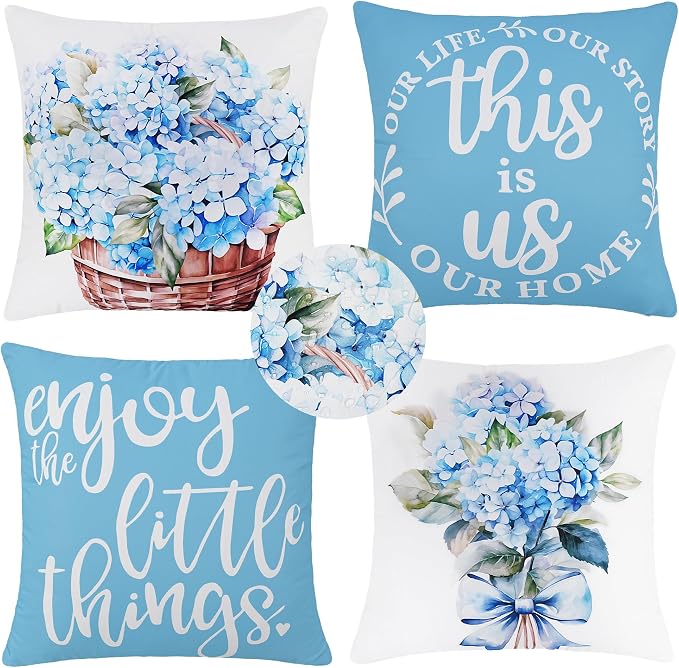 Outdoor Pillow Covers 18x18 Inch Set of 4 Waterproof Blue Hydrangea Summer Outdoor Pillows for Patio Furniture Garden Bench Porch Balcony,Light Blue