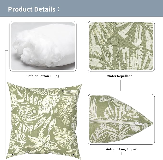 Outdoor Pillows with Insert 16x16 Inch, Waterproof Throw Pillow for Patio Furniture, Decorative Back Cushion for Garden Home Sofa Office Chair, Set of 2, Tropical Leaf Green