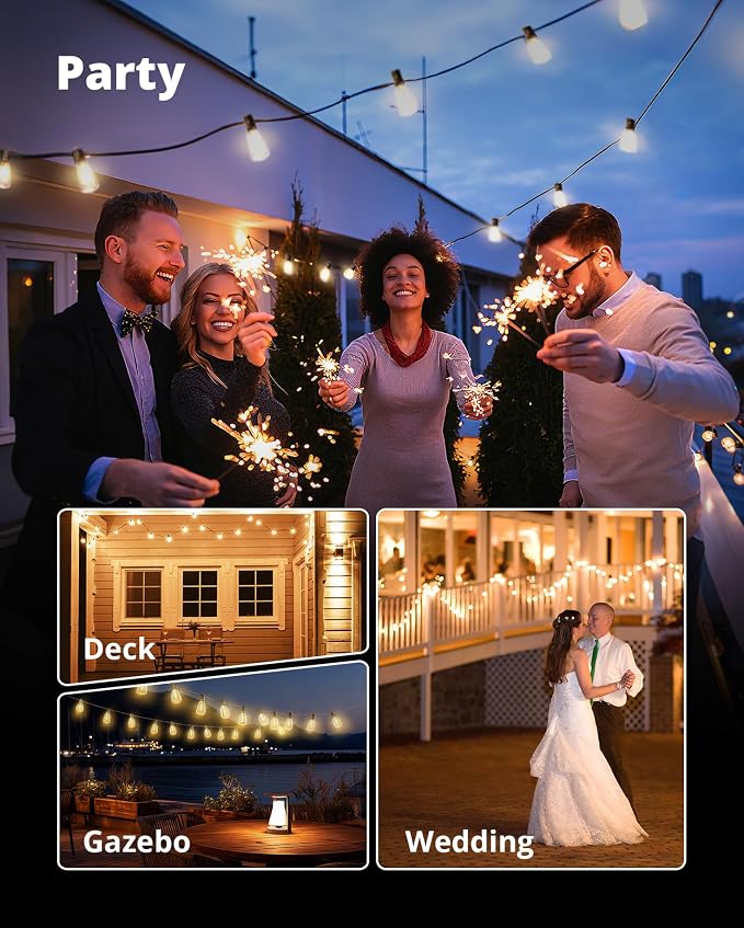 VIPAR Outdoor String Lights, 30FT LED Patio Lights Waterproof 14 ST38 Bulbs | Shatterproof,Edison Outside Lights,Plug-In,2700K Dimmable, Connectable, Hanging Light for Porch Garden Backyard Deck Balcony