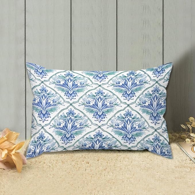 Set of 2 Blue and Green Floral Pattern Pillow Cases 12x18in Cushion Covers Farmhouse Pillows Covers for Couch Living Room Office Soft Rectangle Accent Pillowcase for Kids