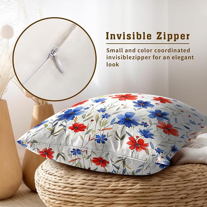 4th of July Pillow Covers 20x20 Set of 2 - Watercolor Flower Poppy Patriotic Decorative Square Cushion Cover Soft Cotton Linen Pillowcase for Couch Bed Sofa Room Decor
