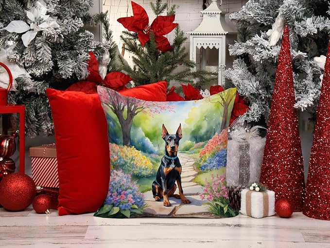 Caroline's Treasures Doberman Pinscher Spring Path Throw Pillow Machine Washable, Indoor Outdoor Decorative Pillow for Couch, Bed or Patio, 14Hx14W