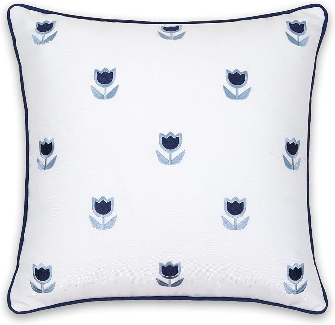 Hofdeco Premium Coastal Patio Indoor Outdoor Throw Pillow Cover Only, 20"x20" Water Repellent for Backyard, Couch, Navy Blue Embroidered Tulips Floral with Piping