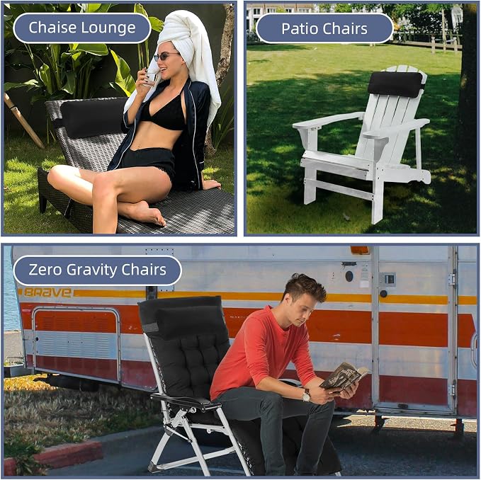 Chaise Lounge Head Pillow, 2 Pack Outdoor Patio Pillows with Adjustable Strap, Lounge Head Resting Pillow for Recliner Beach Pool Lounger Office Chair，Water Resistant Black