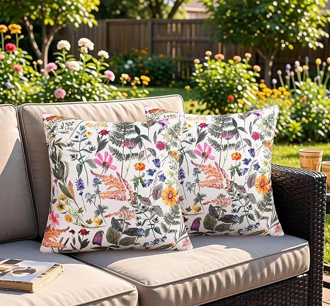 Merrycolor Pack of 2 Outdoor Waterproof Throw Pillow Covers 18x18 Summer Red Floral Decorative Square PillowcaseOutdoor Pillow Covers for Patio Furniture Garden